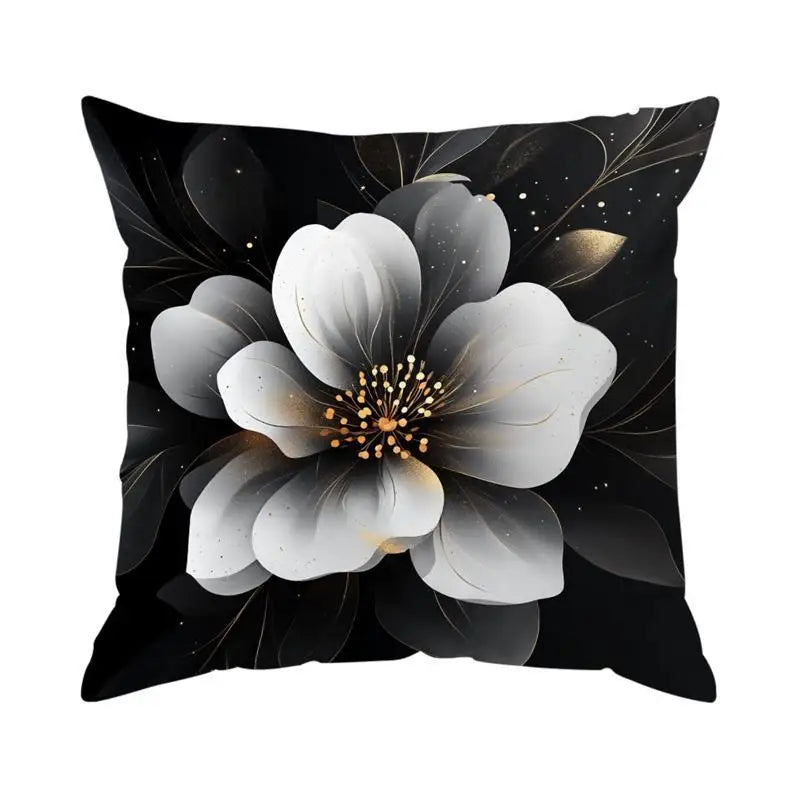 Black & White Floral Polyester Peachskin Pillow Cover – Designs 1–2, 4 Sizes