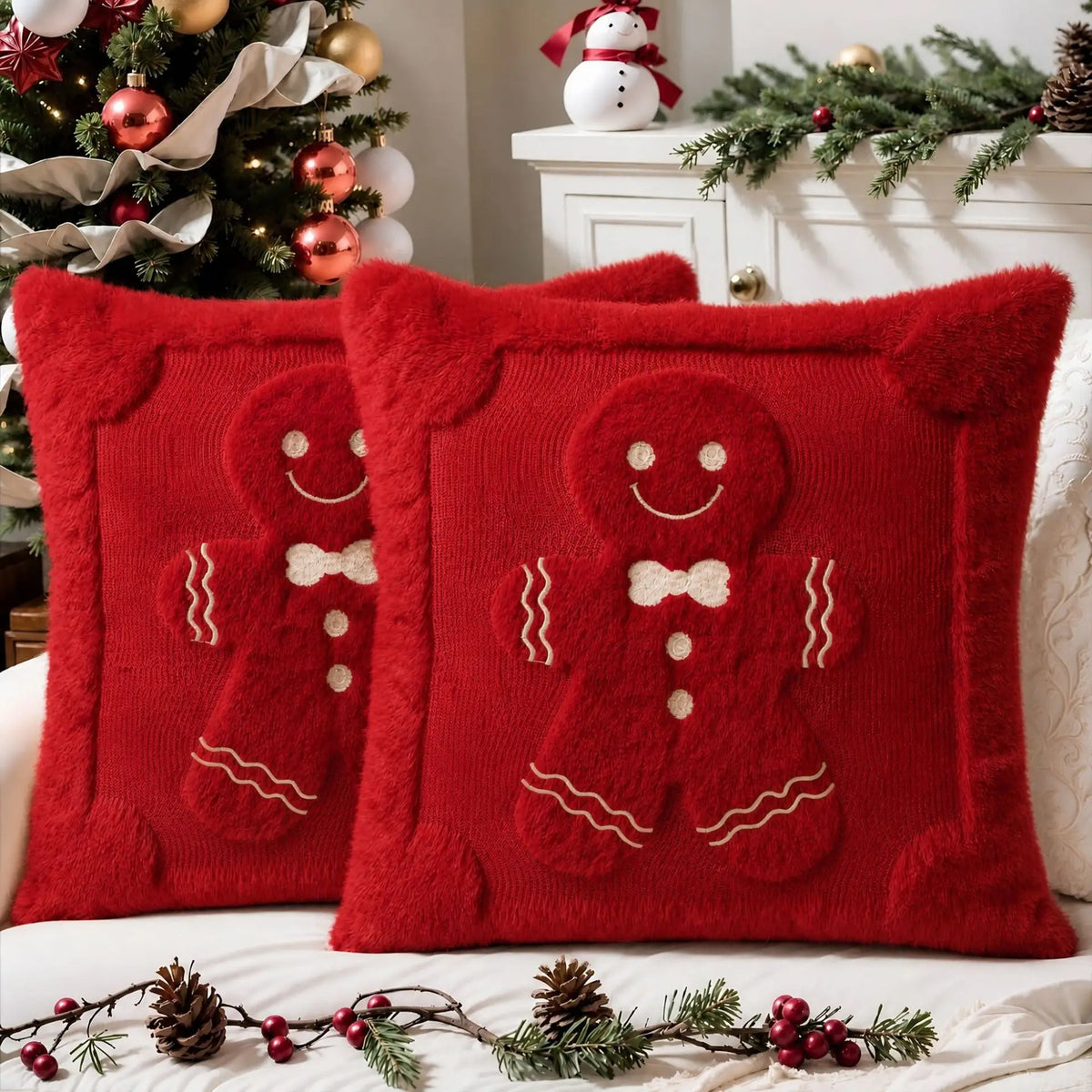 Gingerbread Christmas Pillow Covers – Plush Embroidered Set of 2, Four Designs