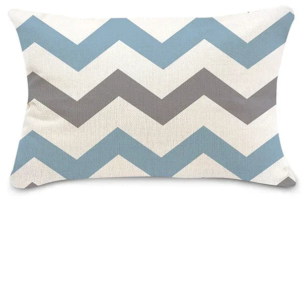 Lake Blue Geometric Linen-Blend Lumbar Pillow Cover – 4 Designs, 2 Sizes