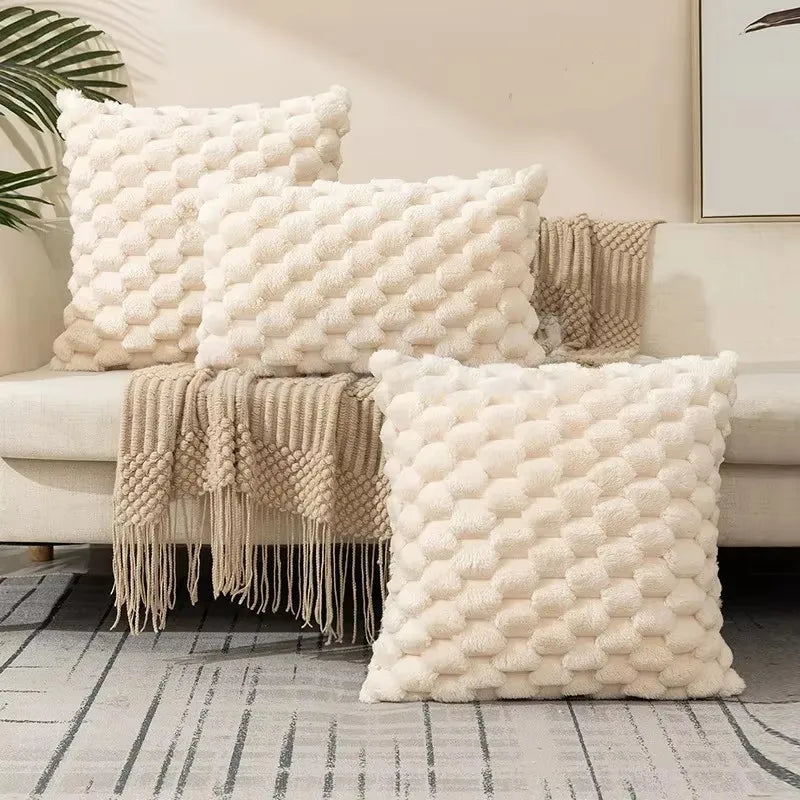 White & Beige Textured Plush Pillow Cover – Square & Lumbar Sizes