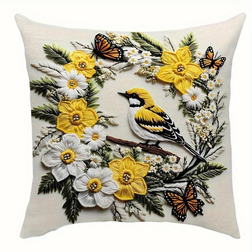 Yellow Bird Butterfly Branch Polyester Peachskin Pillow Cover – Flat Print, 15.75–23.62 in Square, 1 Piece
