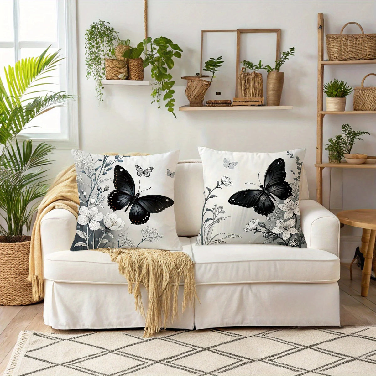 Black Butterfly Floral Polyester Pillow Covers – 4 Designs, 50–60 cm