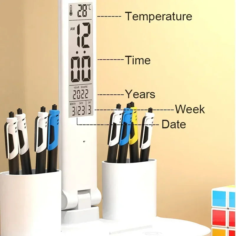 LED Desk Lamp with Clock, Calendar & Temperature Display – USB Rechargeable, Foldable & Touch Dimmable