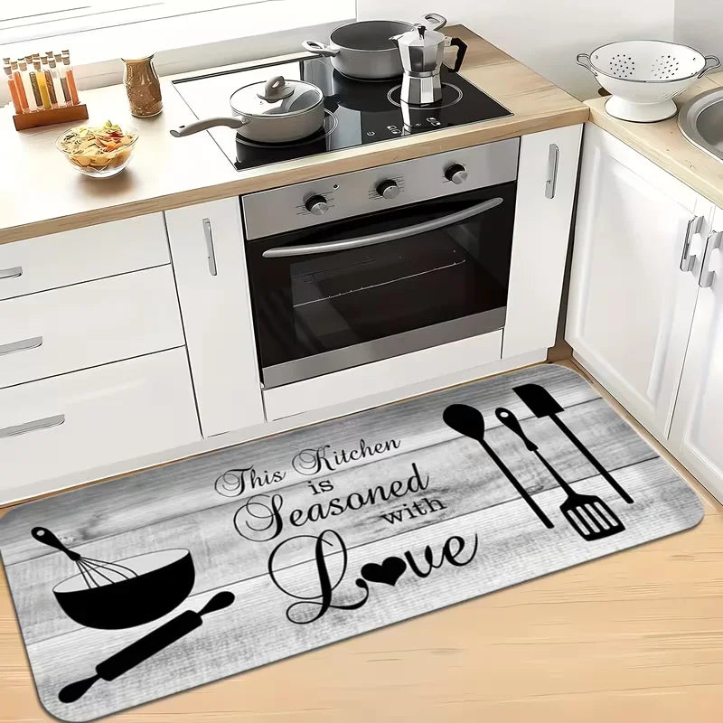 Grey Wood-Grain Kitchen & Hallway Mat – Soft Non-Slip Polyester Rug with Letter Design