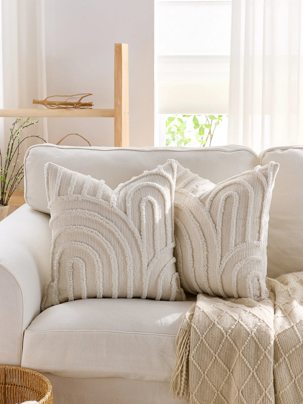 White Geometric Embroidered Polyester Pillow Covers – 17.72 in (45 cm) Square, Set of 2