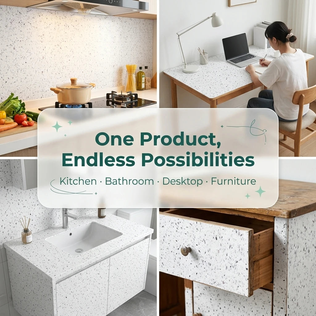 Waterproof White Terrazzo Granite Peel and Stick Wallpaper – Oil-Proof, High Temperature Resistant Self-Adhesive Vinyl Contact Paper