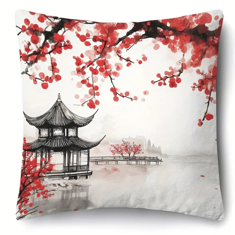 Red Plum Blossom Landscape Polyester Pillow Cover – 17.72–23.62 in Square, Cover Only