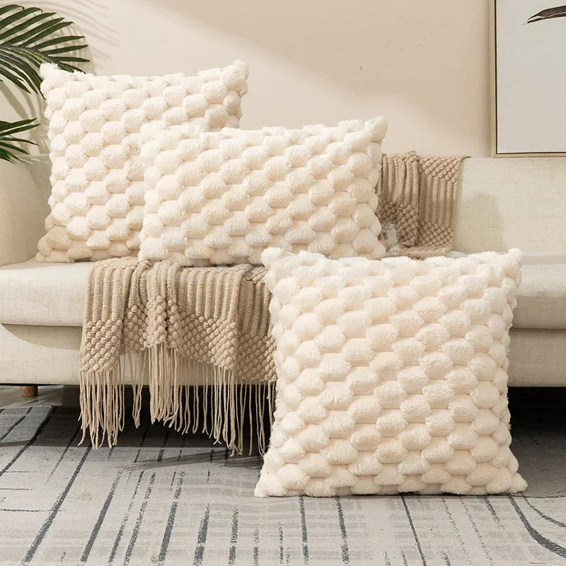 White & Beige Textured Plush Pillow Cover – Square & Lumbar Sizes
