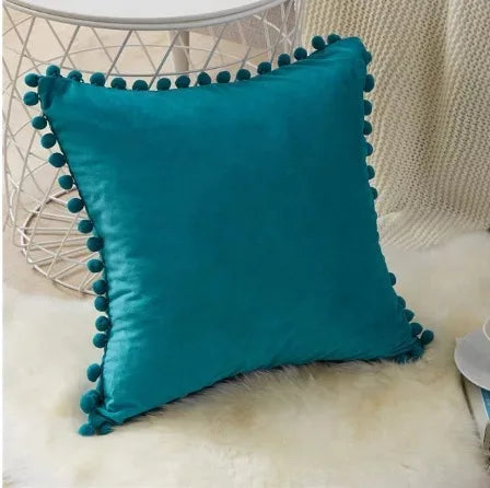 Blue and Aqua Velvet Pom-Pom Throw Pillow Cover, 15.75–19.69 in, Cover Only