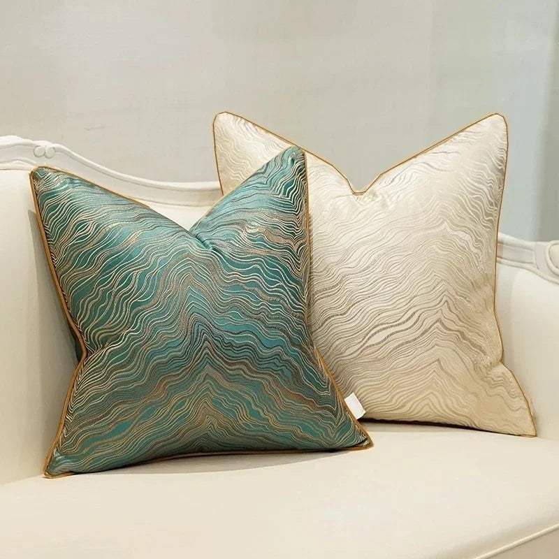 Geometric-Line Jacquard Throw Pillow Cover – 17.72 in Square, 7 Colors (Blue, Green, Beige, Yellow & More)