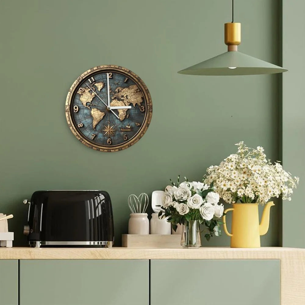Vintage World Map Silent Wall Clock – Round Wood or Acrylic Quartz Decor, 2 Sizes
