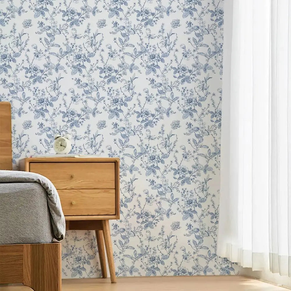 Vintage Blue and White Floral Waterproof Vinyl Peel-and-Stick Wallpaper