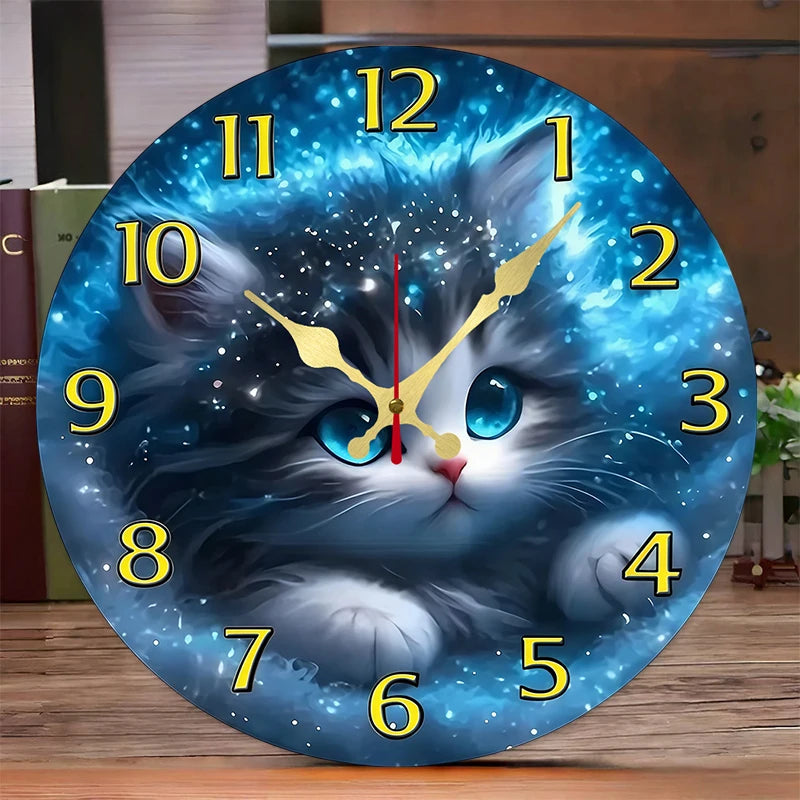Cosmic Cat Silent Wall Clock – 10-Inch Round Wooden Home Decor