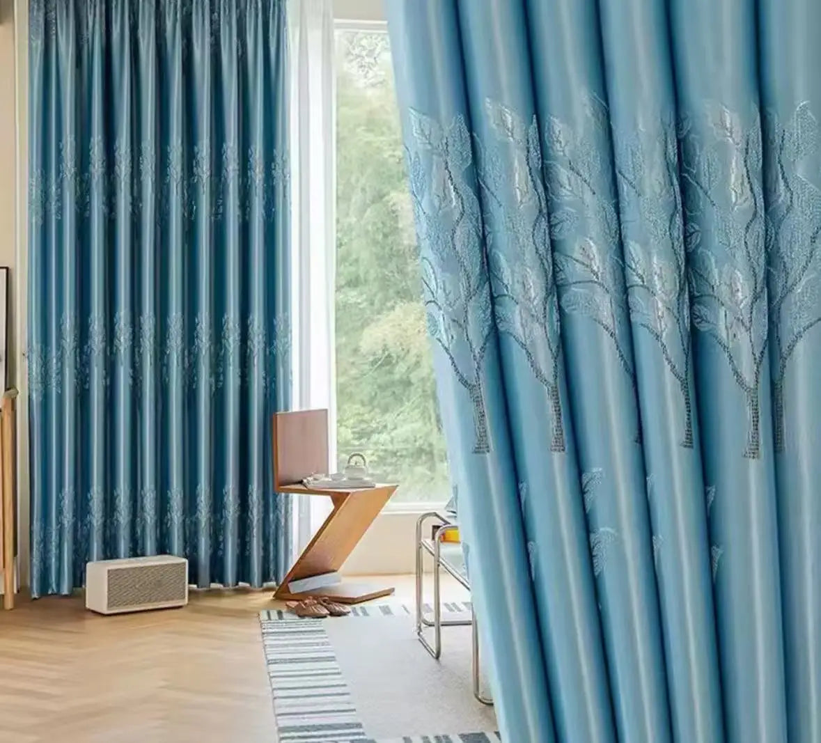 Blue Double-Layer Semi-Light Blocking Curtain Panel – 3 Hanging Styles