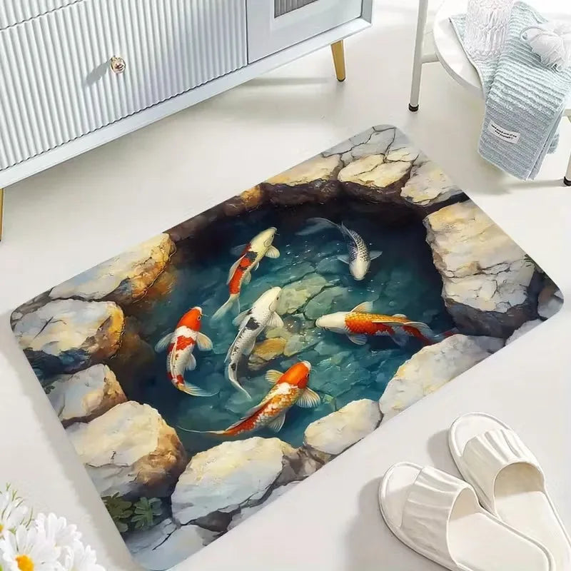 3D Koi Fish Pond Illusion Doormat – Soft Non-Slip Flannel Rug with Water-Effect Print