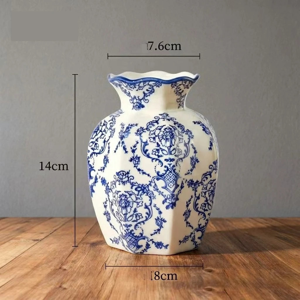 Vintage Blue and White Ceramic Vase – Classical Porcelain-Style Flower Vase for Living Room Decor