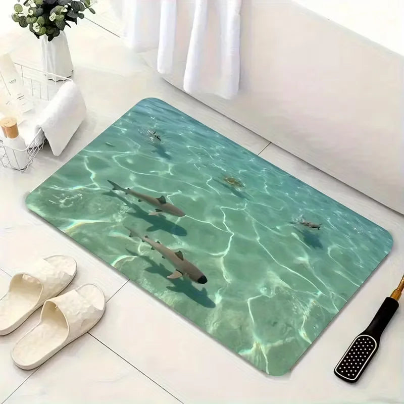 Shark & Aquatic Print Absorbent Non-Slip Flannel Door Mat – Washable Polyester Mat for Bathroom & Entrance