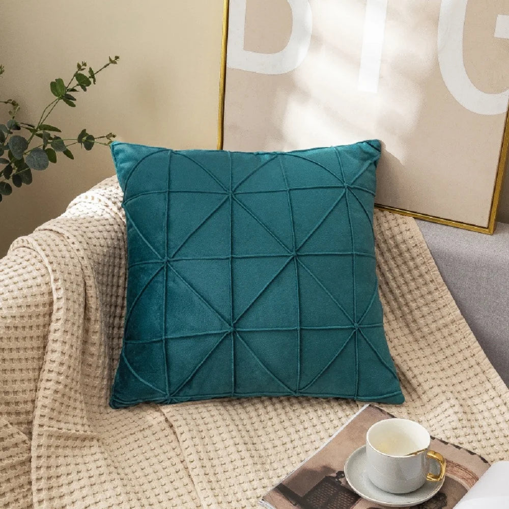 Green Geometric Grid Velvet Pillow Cover – 17.72 in, Single or Set of 2