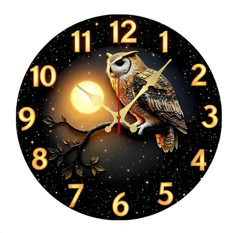 Moonlight Owl Silent Wall Clock – Round Wood or Acrylic Quartz Decor, 2 Designs