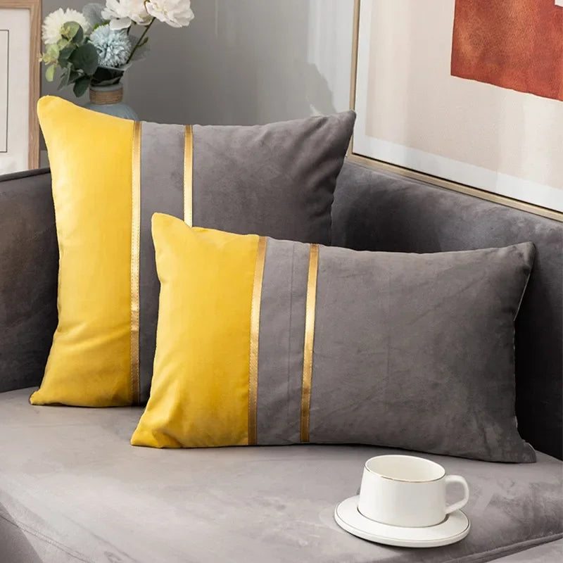 Warm Color-Block Velvet Throw Pillow Cover with Gold-Tone Stripes, Square or Lumbar