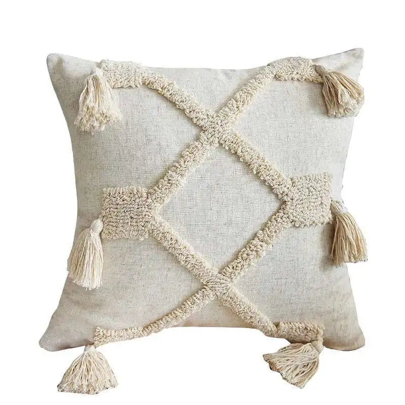 Beige Tufted Tassel Pillow Cover – Geometric Square & Lumbar Designs