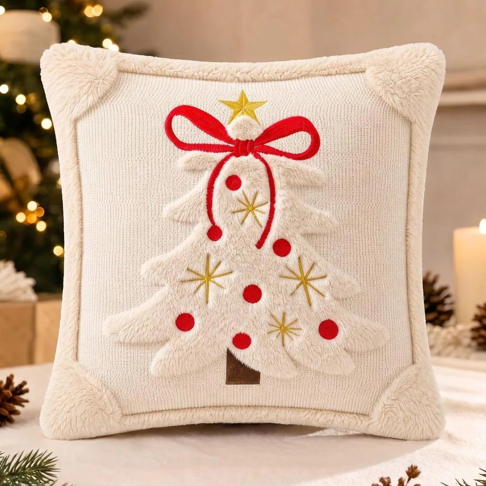 Beige Christmas Tree Appliqué Pillow Cover with Red Bow – 17.72 in, 1 Piece
