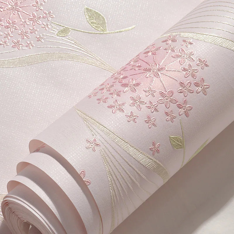 Floral 3D Embossed Waterproof Peel-and-Stick Non-Woven Wallpaper for Girls’ Bedrooms