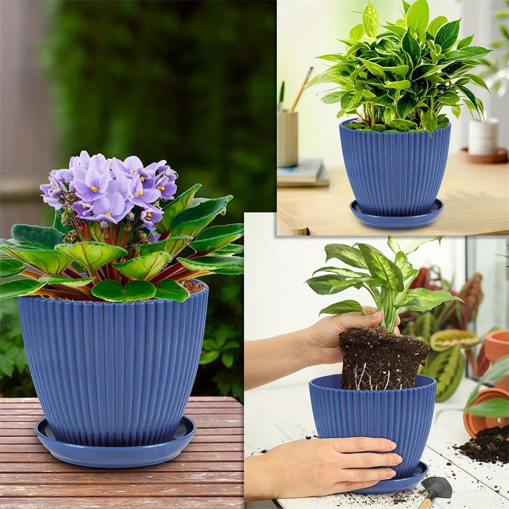 Round Plastic Planter with Tray – Modern Vertical Striped Flower Pot for Indoor & Outdoor Plants