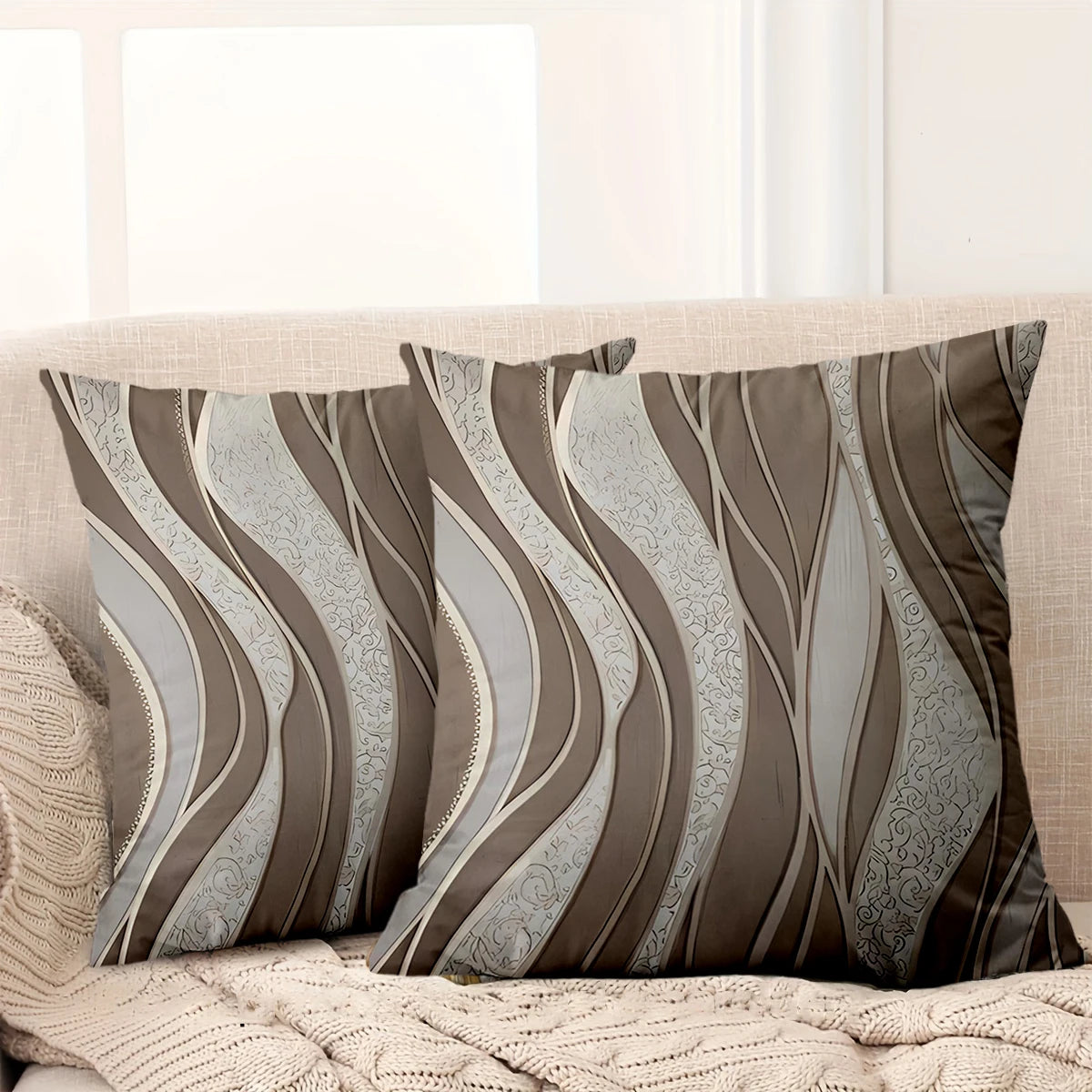 Brown & White Abstract Wave Polyester Pillow Cover – Single-Sided Print, 4 Sizes