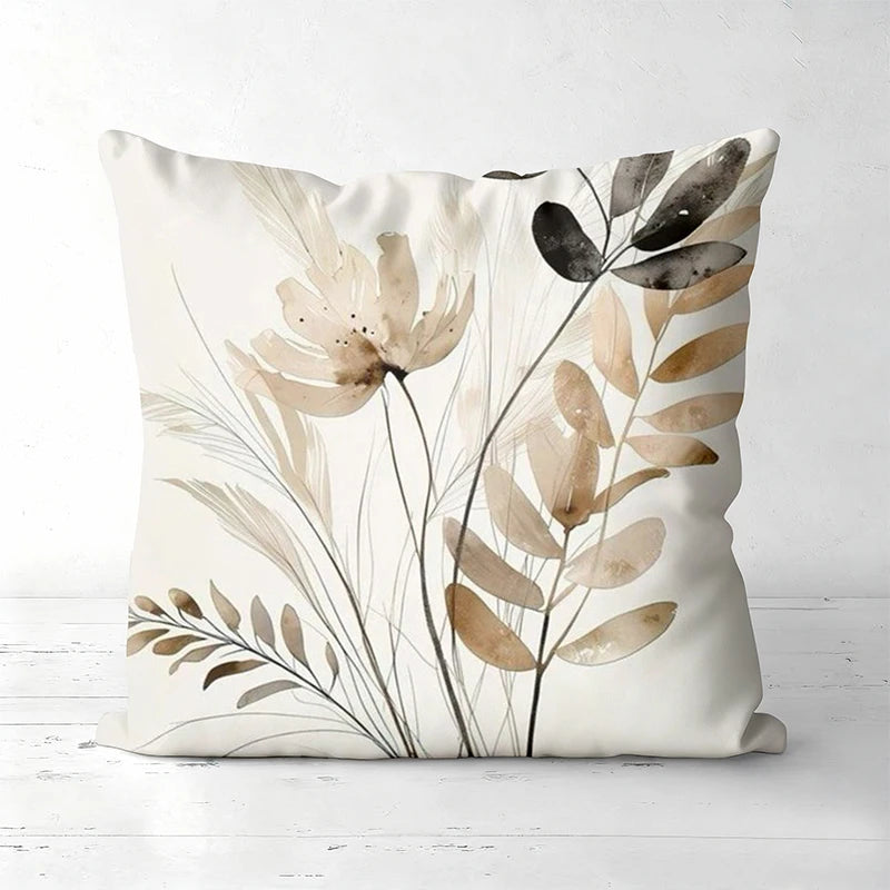 Neutral Botanical Floral Leaf Polyester Pillow Cover – 4 Designs, 4 Sizes