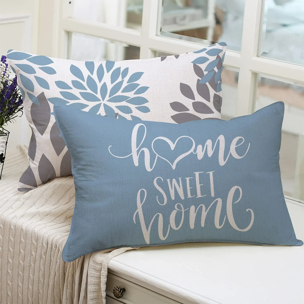 Lake Blue Geometric Linen-Blend Lumbar Pillow Cover – 4 Designs, 2 Sizes