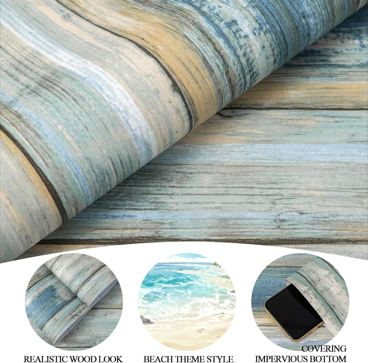 Blue Distressed Wood Waterproof Vinyl Peel-and-Stick Wallpaper for Cabinets & Walls