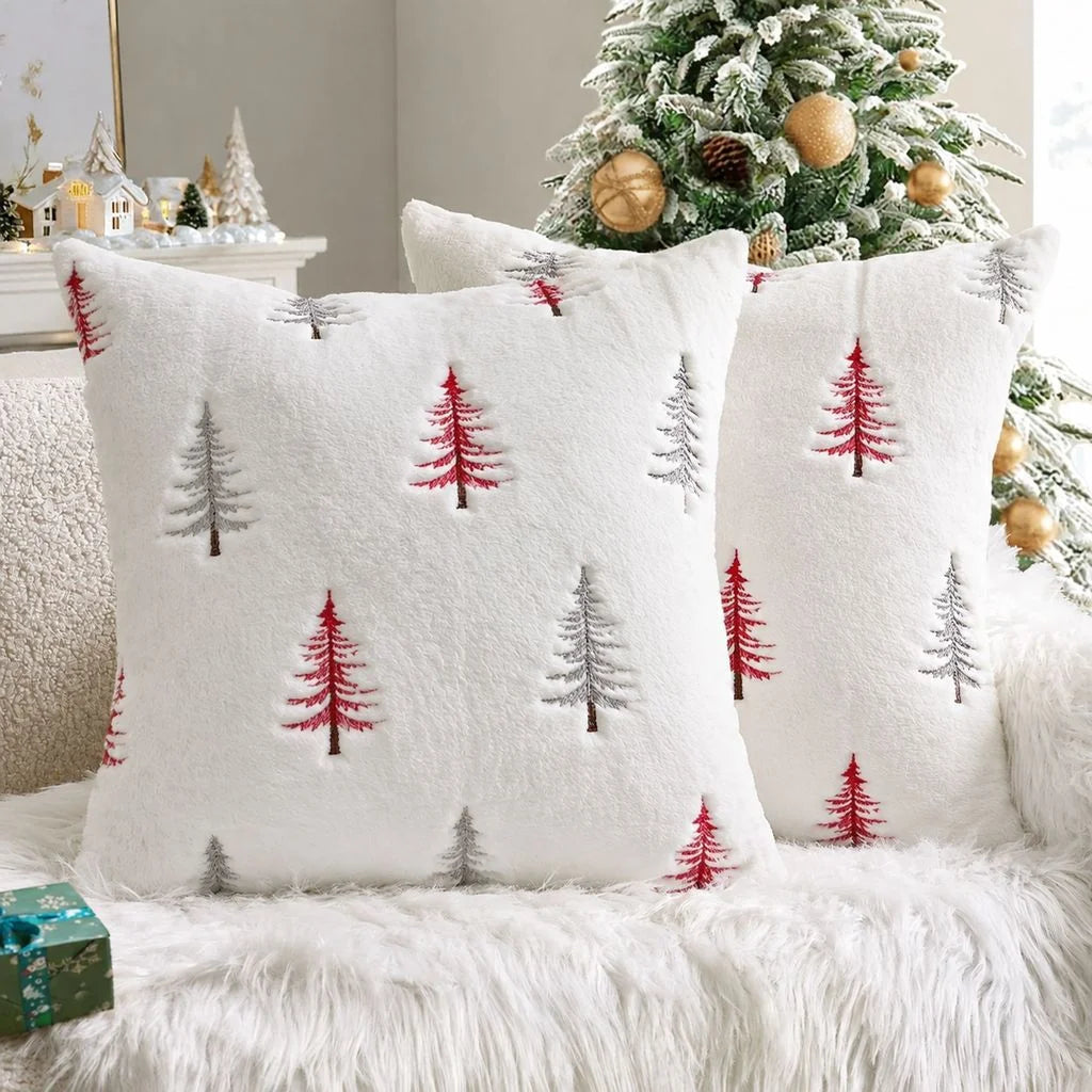 Embroidered Christmas Tree Pillow Covers – Plush Set of 2, 17.72 in
