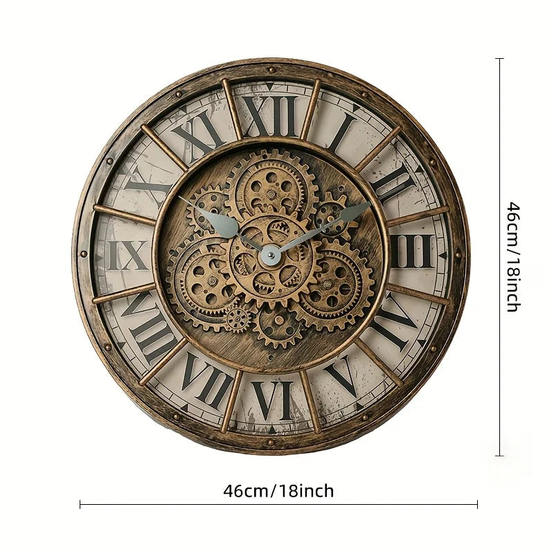 46 cm Moving Gears Wall Clock – Industrial Steampunk Roman Numeral Quartz Decor, 4 Designs