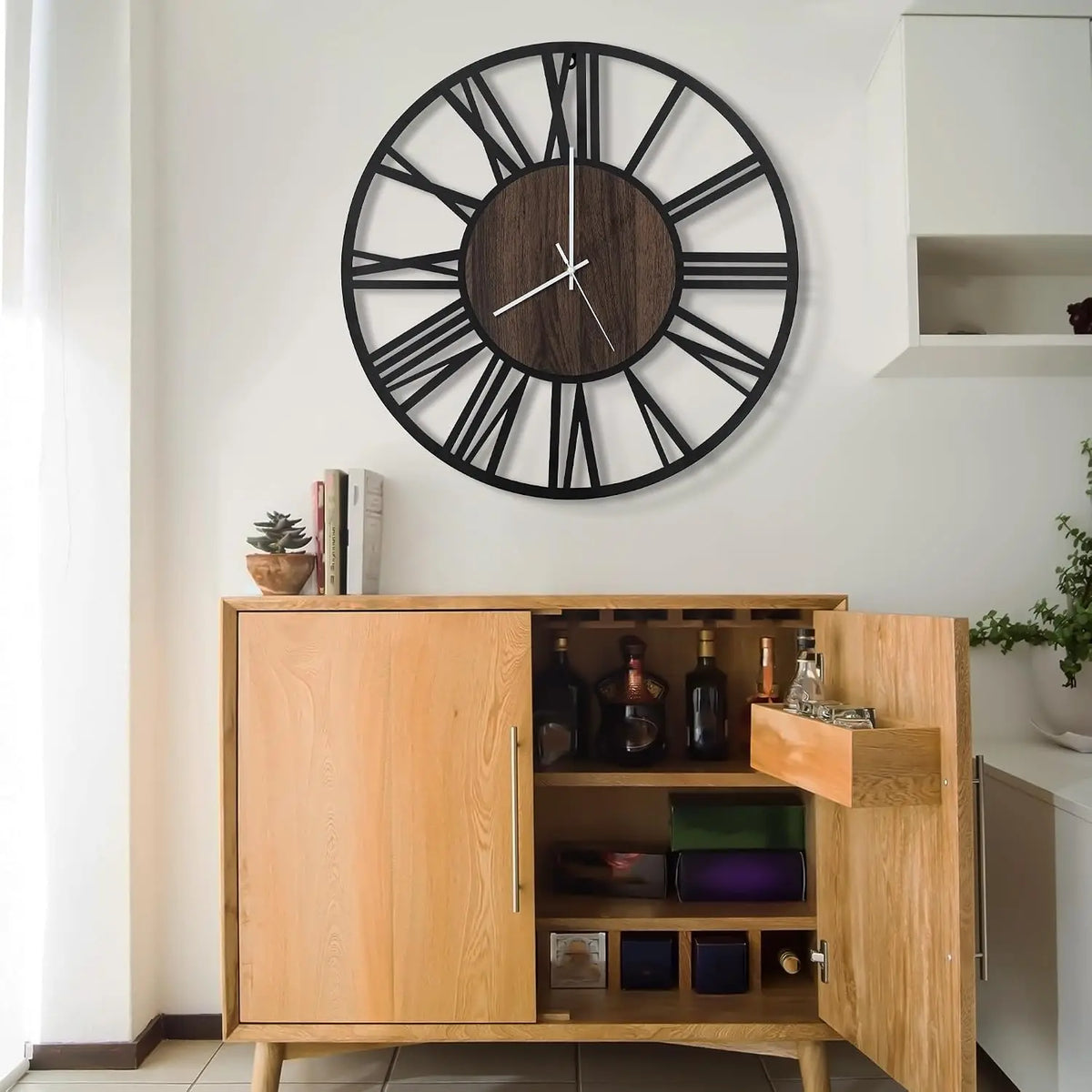 24-Inch LED Roman Numeral Wall Clock – Silent Battery-Operated Wood & Iron Decor