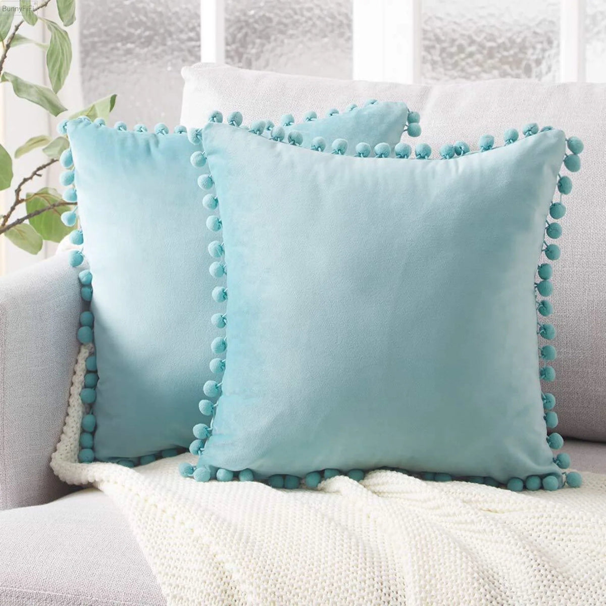 Blue and Aqua Velvet Pom-Pom Throw Pillow Cover, 15.75–19.69 in, Cover Only