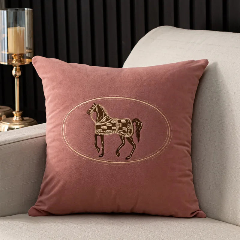 Dusty Pink Embroidered Horse Polyester/Cotton Pillow Cover – 17.72 × 17.72 in (45 × 45 cm), 1 Piece