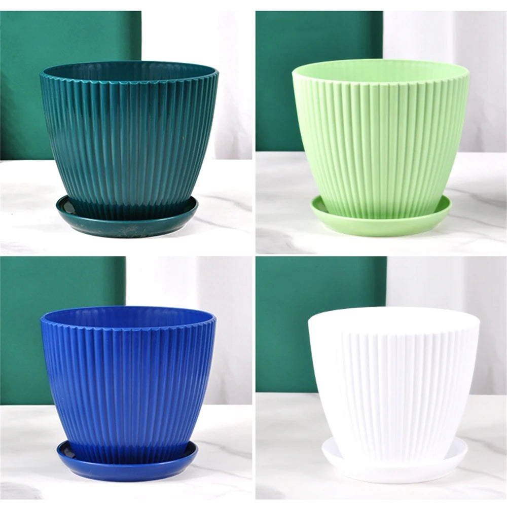 Round Plastic Planter with Tray – Modern Vertical Striped Flower Pot for Indoor & Outdoor Plants