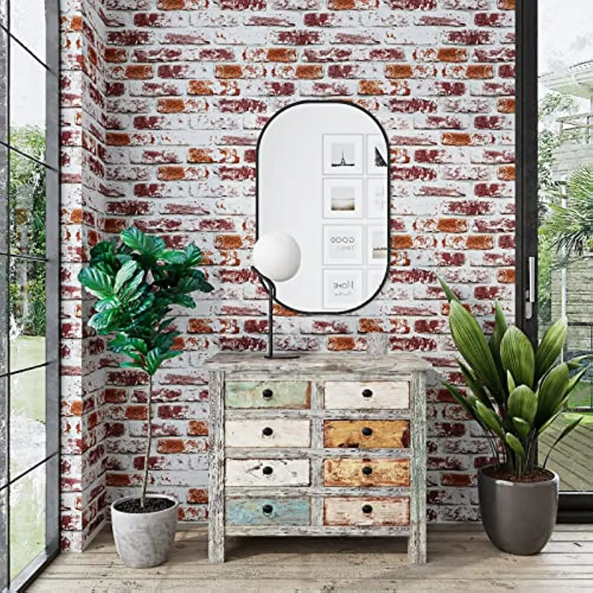 Rustic Painted Red Brick Waterproof Vinyl Peel-and-Stick Wallpaper – Removable & Oil-Resistant