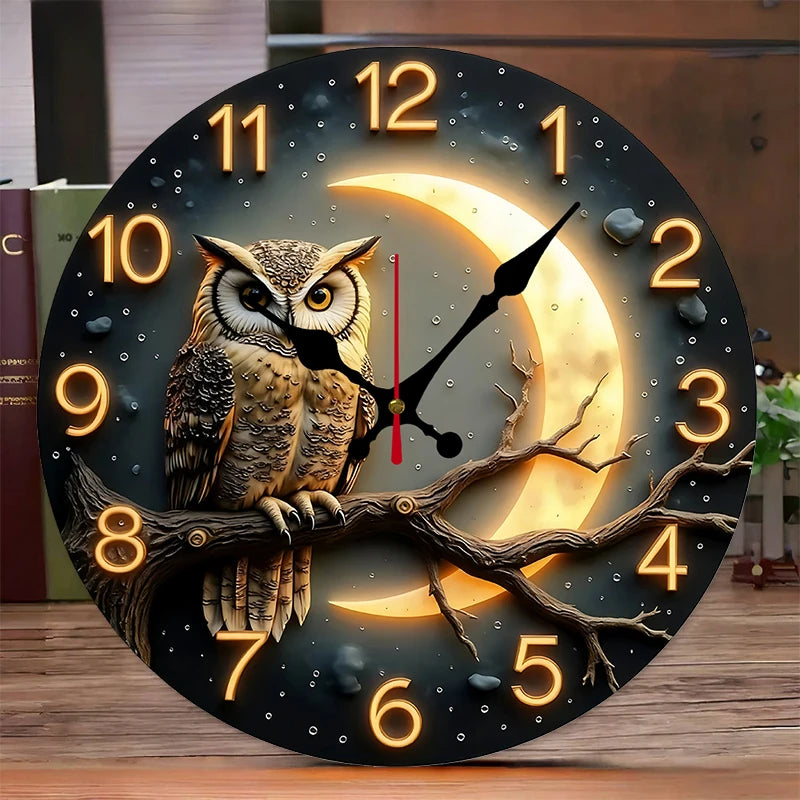 Moonlight Owl Silent Wall Clock – Round Wood or Acrylic Quartz Decor, 2 Designs