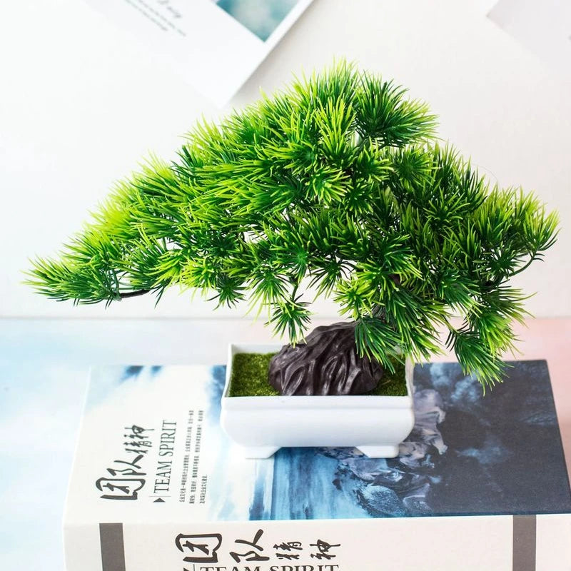 Small Artificial Bonsai Potted Plant – Green Faux Tree Ornament for Home, Garden & Hotel Decor