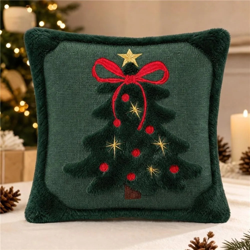 Green Plush Christmas Tree Pillow Cover with Red Bow – 17.72 in, 1 Piece