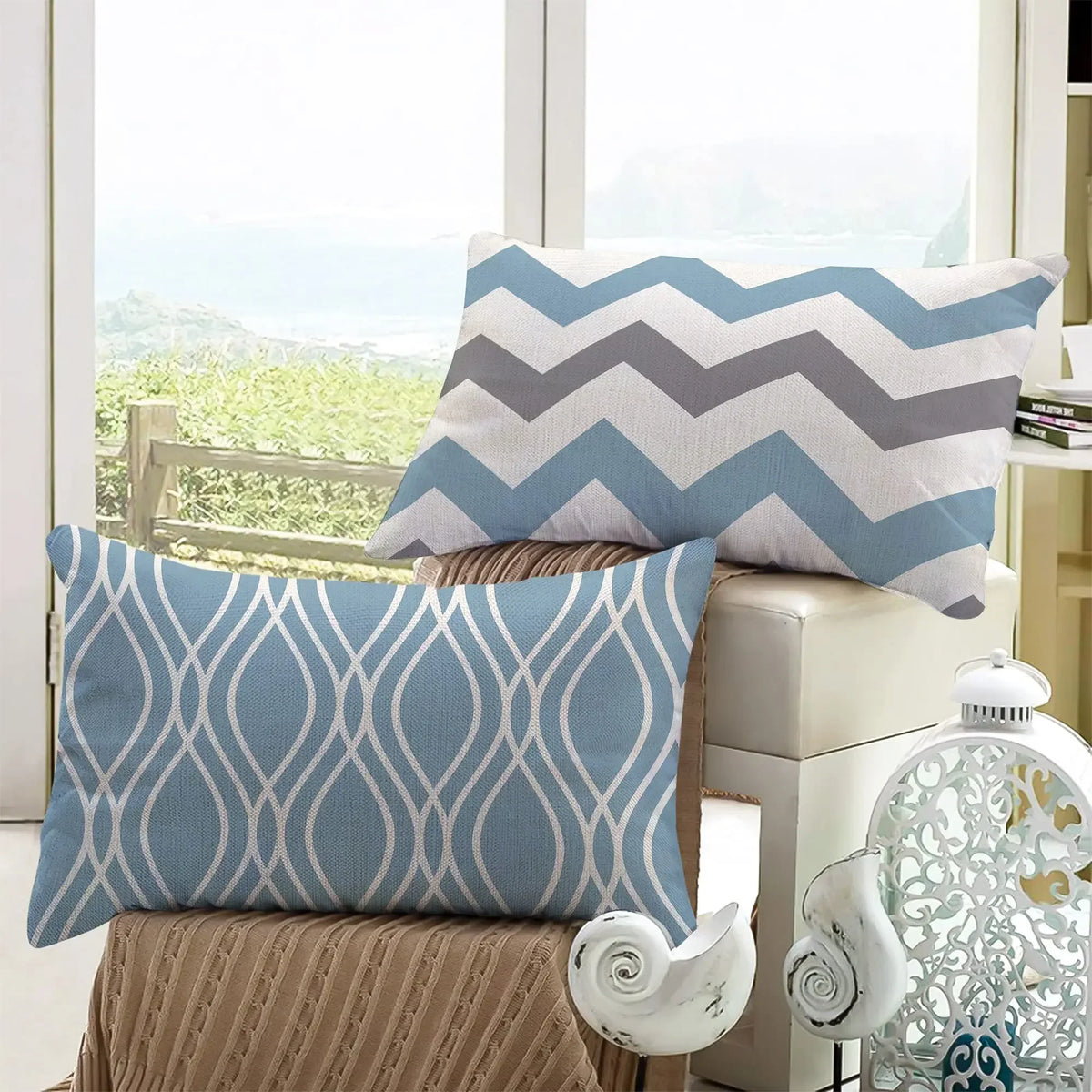 Lake Blue Geometric Linen-Blend Lumbar Pillow Cover – 4 Designs, 2 Sizes