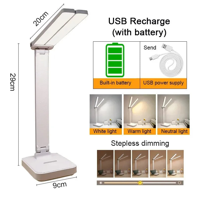 LED Desk Lamp – 3-Level Touch Dimmable, Foldable Eye-Caring Reading Light, USB Plug-In or Rechargeable Bedside Table Lamp