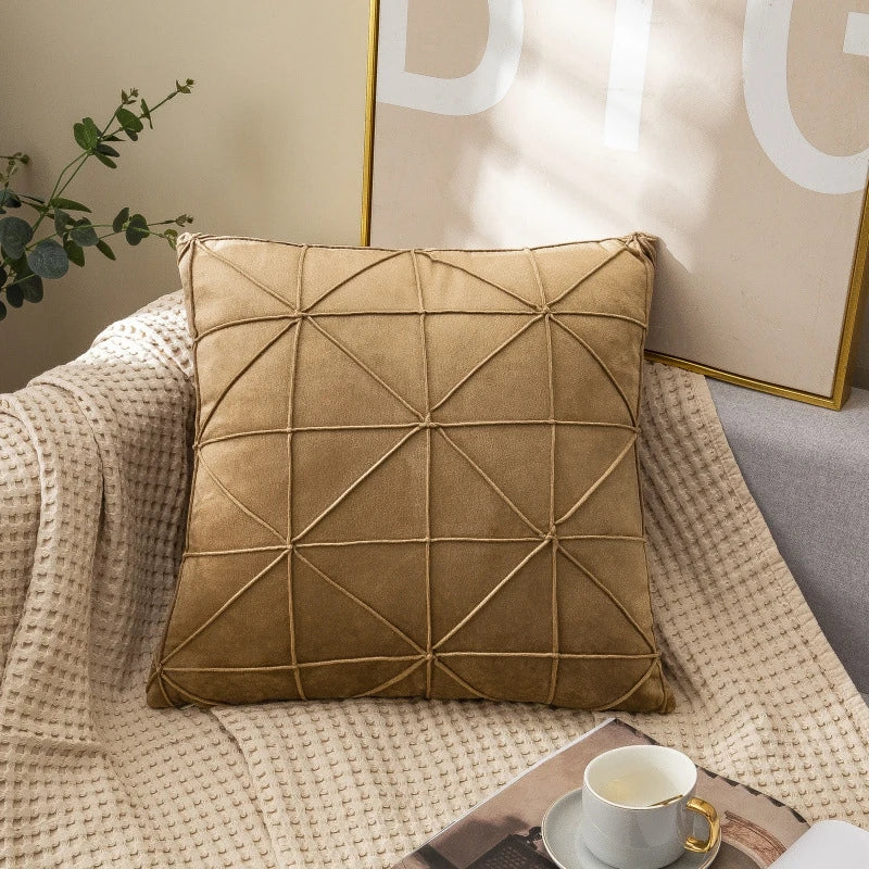 Coffee Geometric Grid Velvet Pillow Cover – 17.72 in, Single or Set of 2