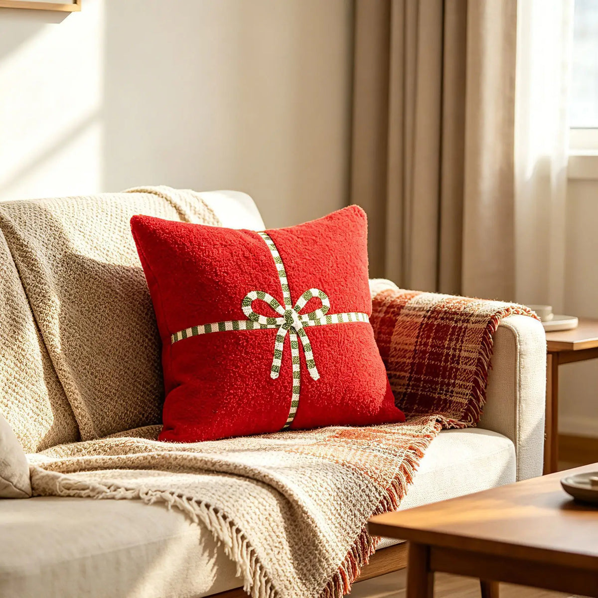Red Plush Christmas Gift-Bow Pillow Cover – Embroidered Polyester, 17.72 in, 1 Piece only
