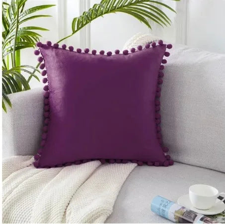 Pink, Purple or Burgundy Velvet Pom-Pom Throw Pillow Cover, 15.75–19.69 in, Cover Only