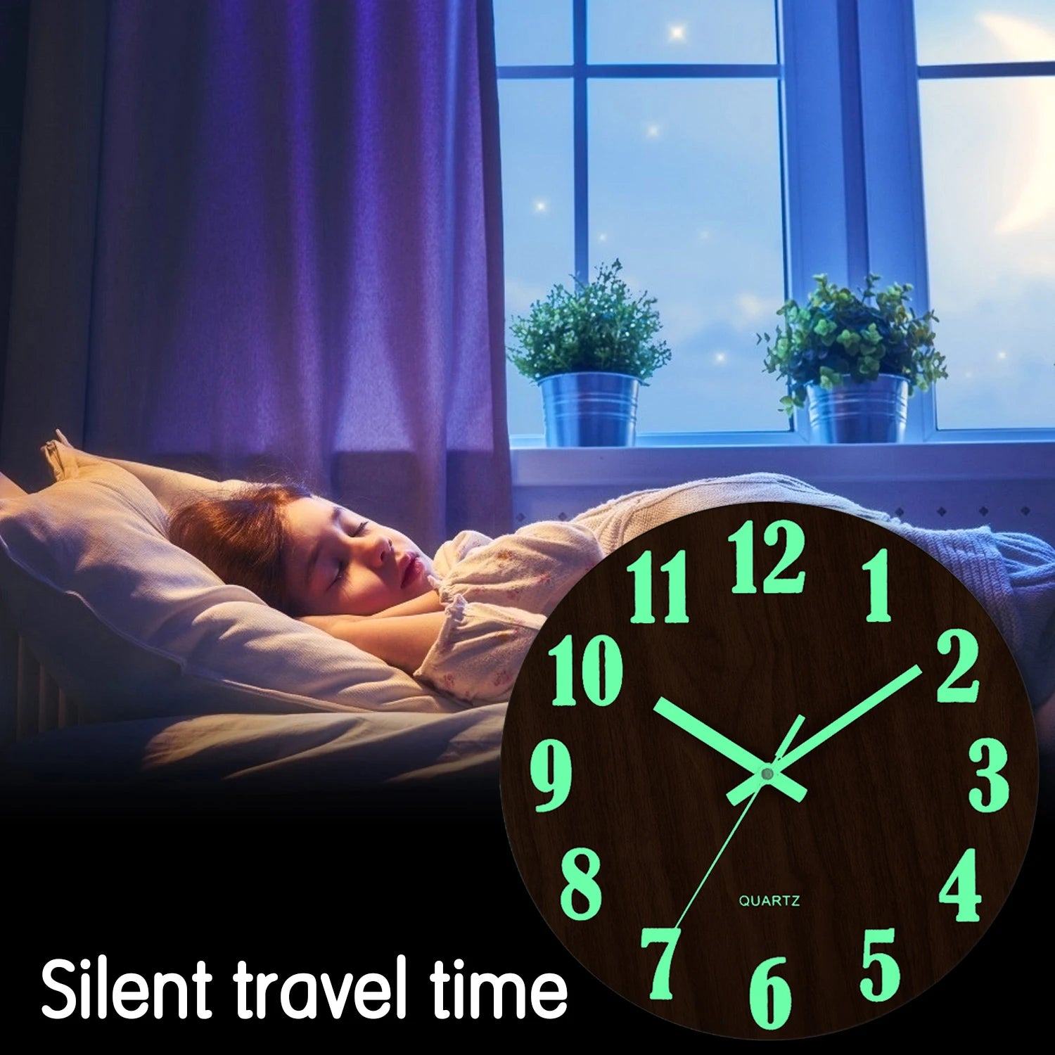 12'' Luminous Wall Clock, Silent Non-Ticking Wooden Clock with Glow-in-the-Dark Numbers, Nordic Style Night Light Wall Clock