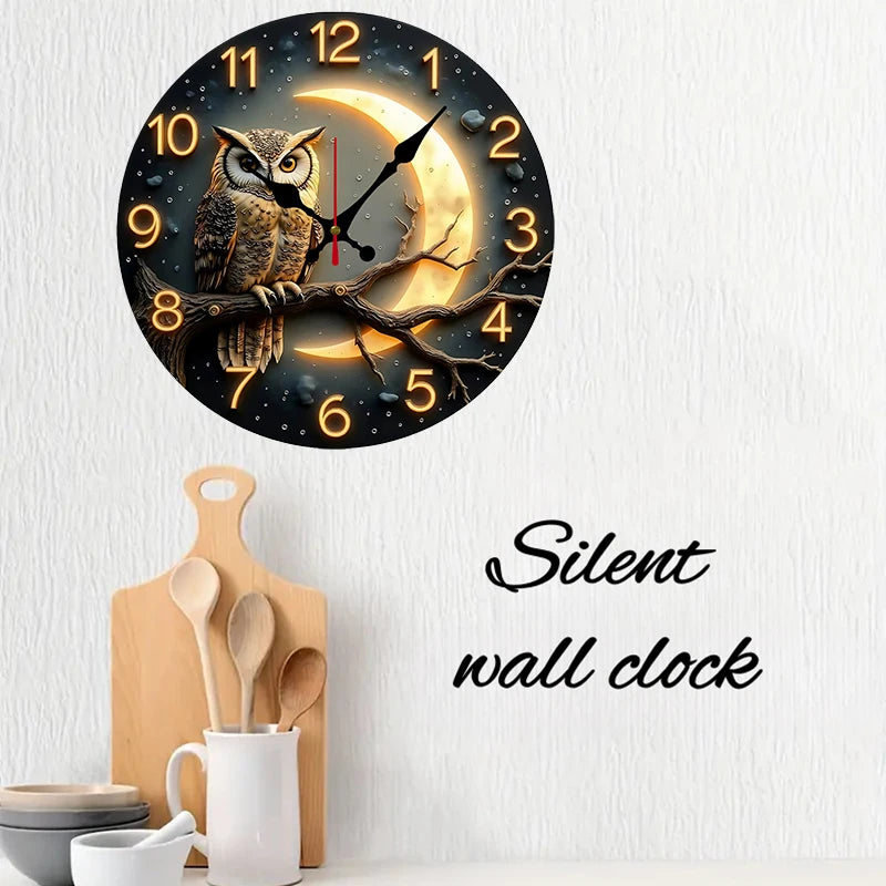Moonlight Owl Silent Wall Clock – Round Wood or Acrylic Quartz Decor, 2 Designs