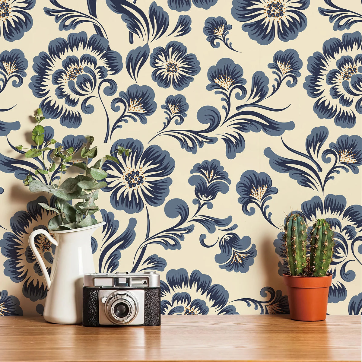 Blue Floral Waterproof & Oil-Resistant PVC Peel-and-Stick Wallpaper – Removable for Walls, Cabinets & Furniture